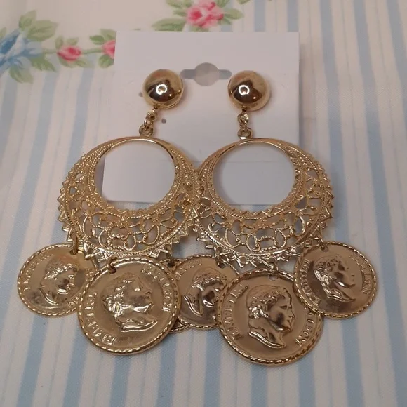 Gold Napoleon Faux Coin Filigree Dangle Pierced Earrings - Picture 2 of 4